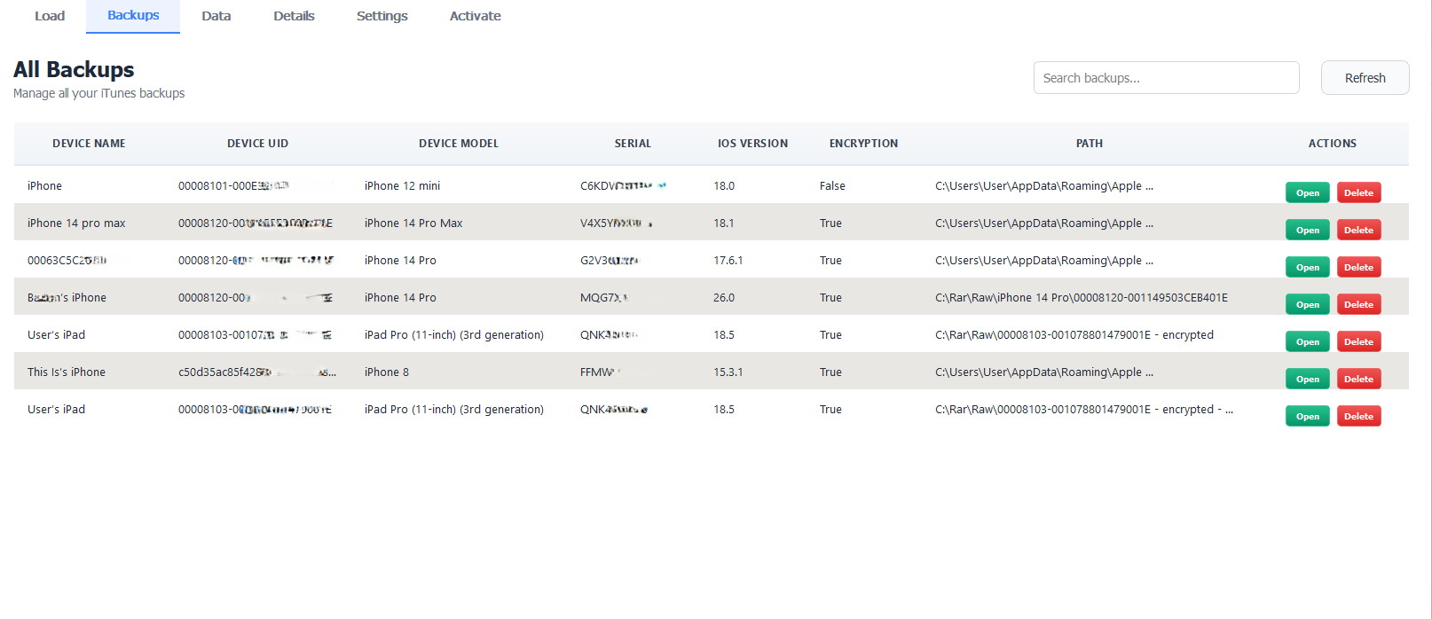 iData Backup Viewer Messages extractor showing threaded conversations and attachment previews