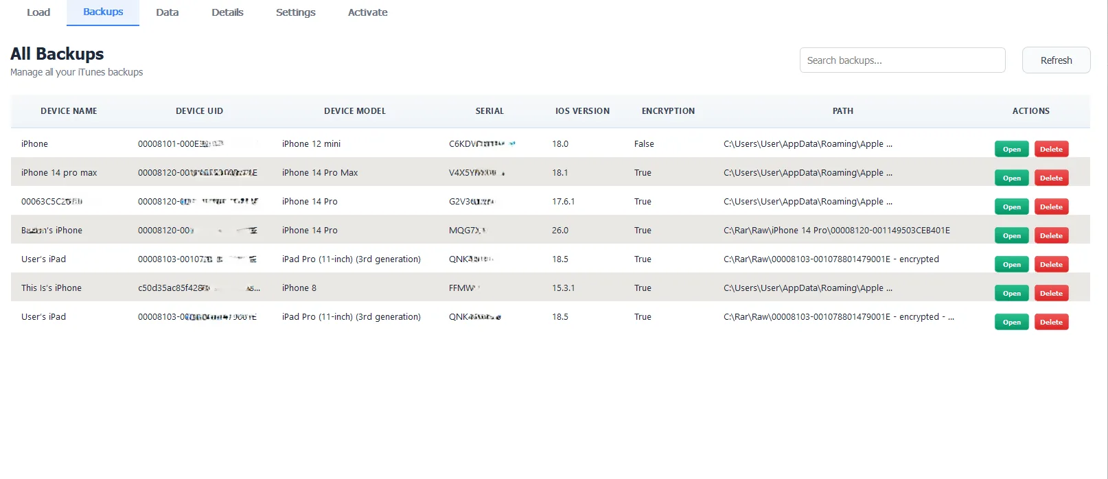 iData Backup Viewer Messages extractor showing threaded conversations and attachment previews